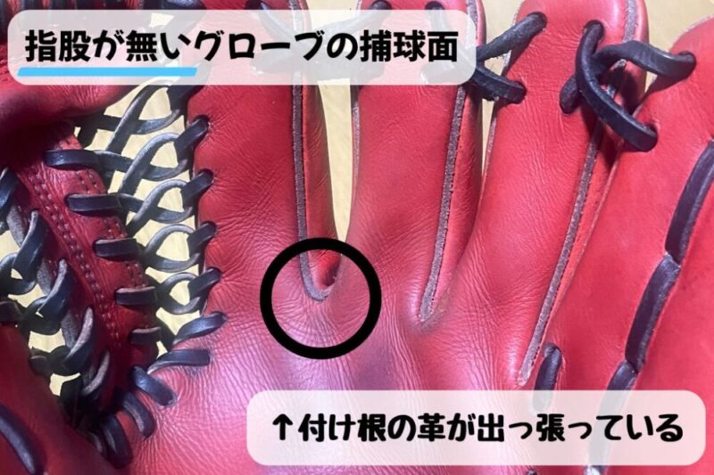 指股が無いグローブの捕球面は、指の付け根が出っ張る。